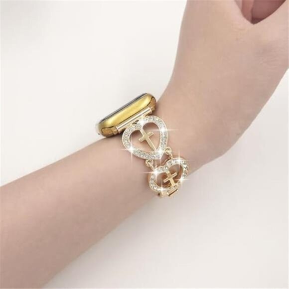 NEW Gold Bling Rhinestone Cross Heart Apple Watch Band - Picture 4 of 4